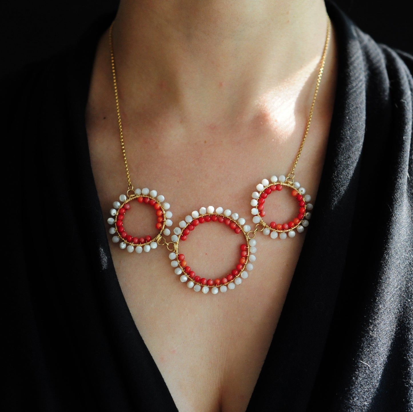 Triple Hoop Necklace in Mother of Pearl + Coral