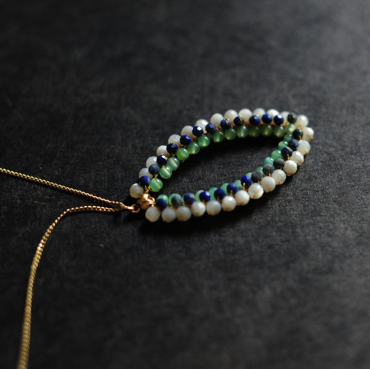 Small Marquise Necklace in Mother of Pearl + Lapis + Chrysoprase