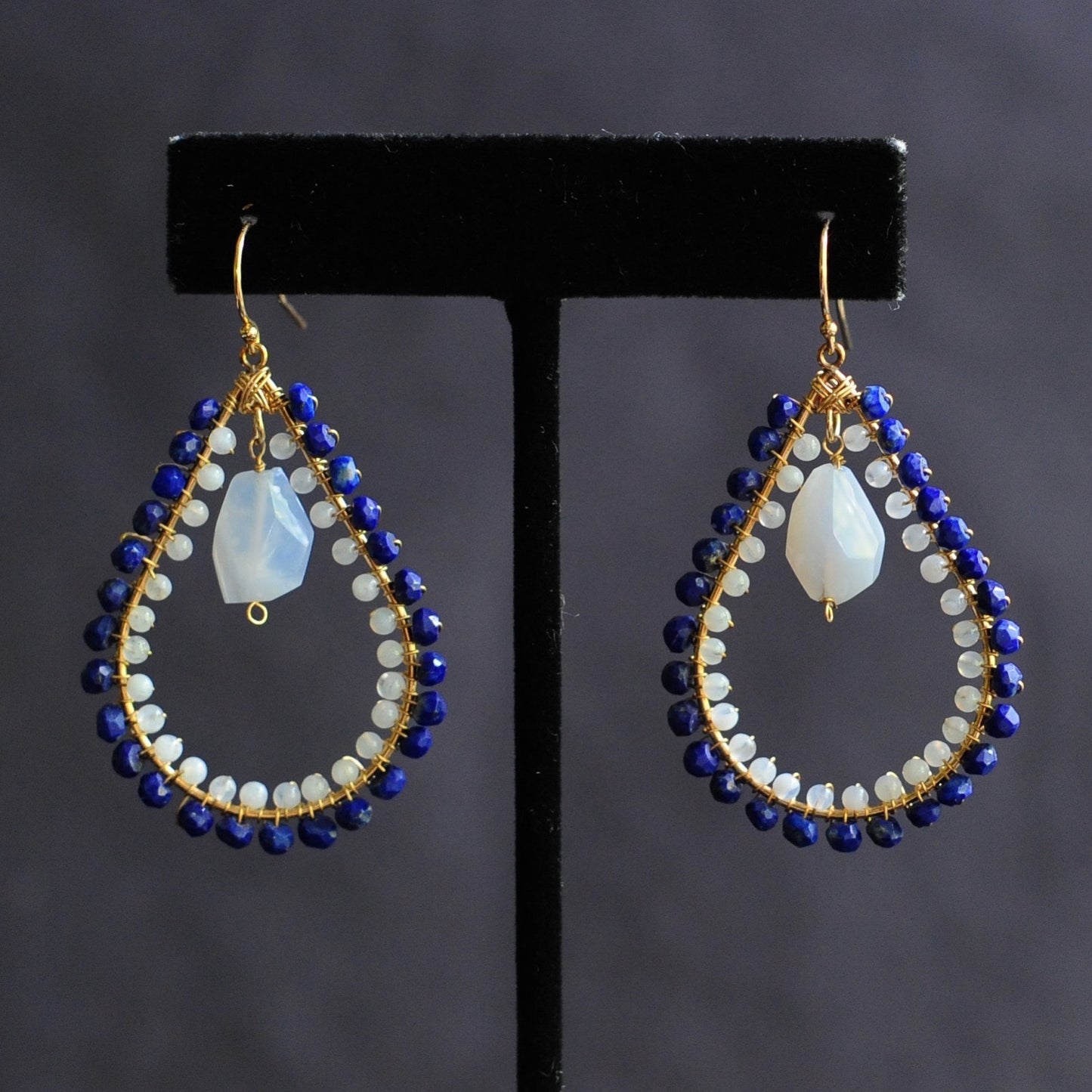 Large Tear Earrings in Lapis + Chalcedony + Blue Lace Agate