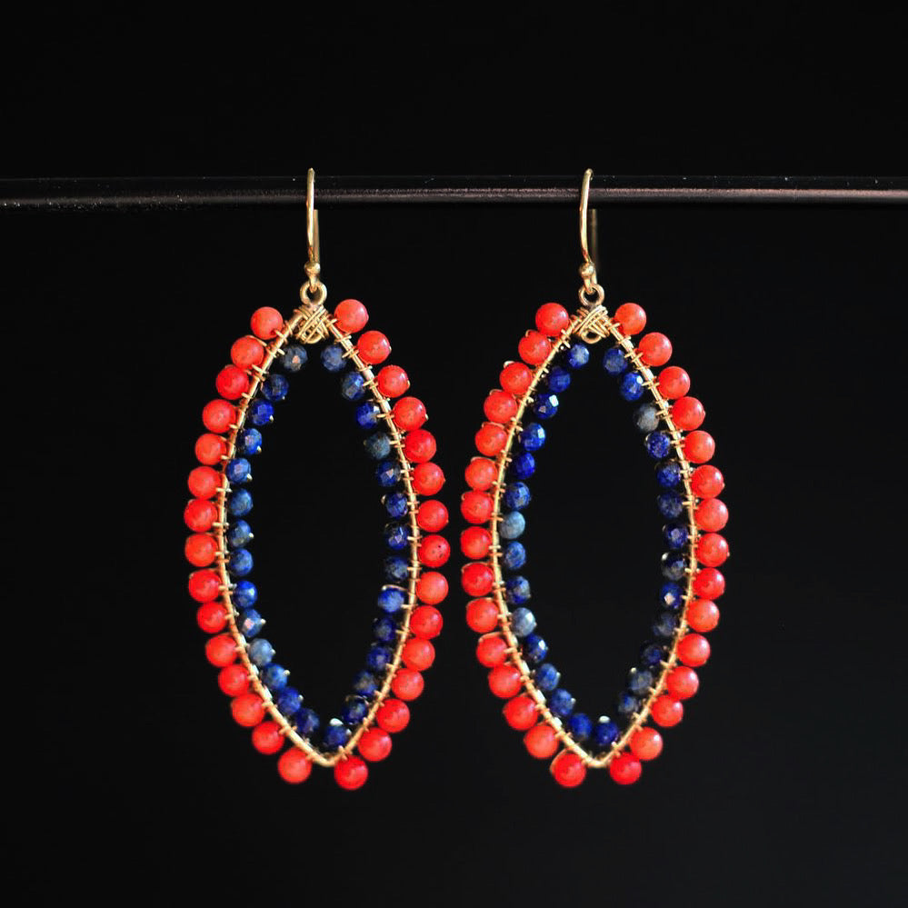 Large Marquise Earrings in Coral + Lapis