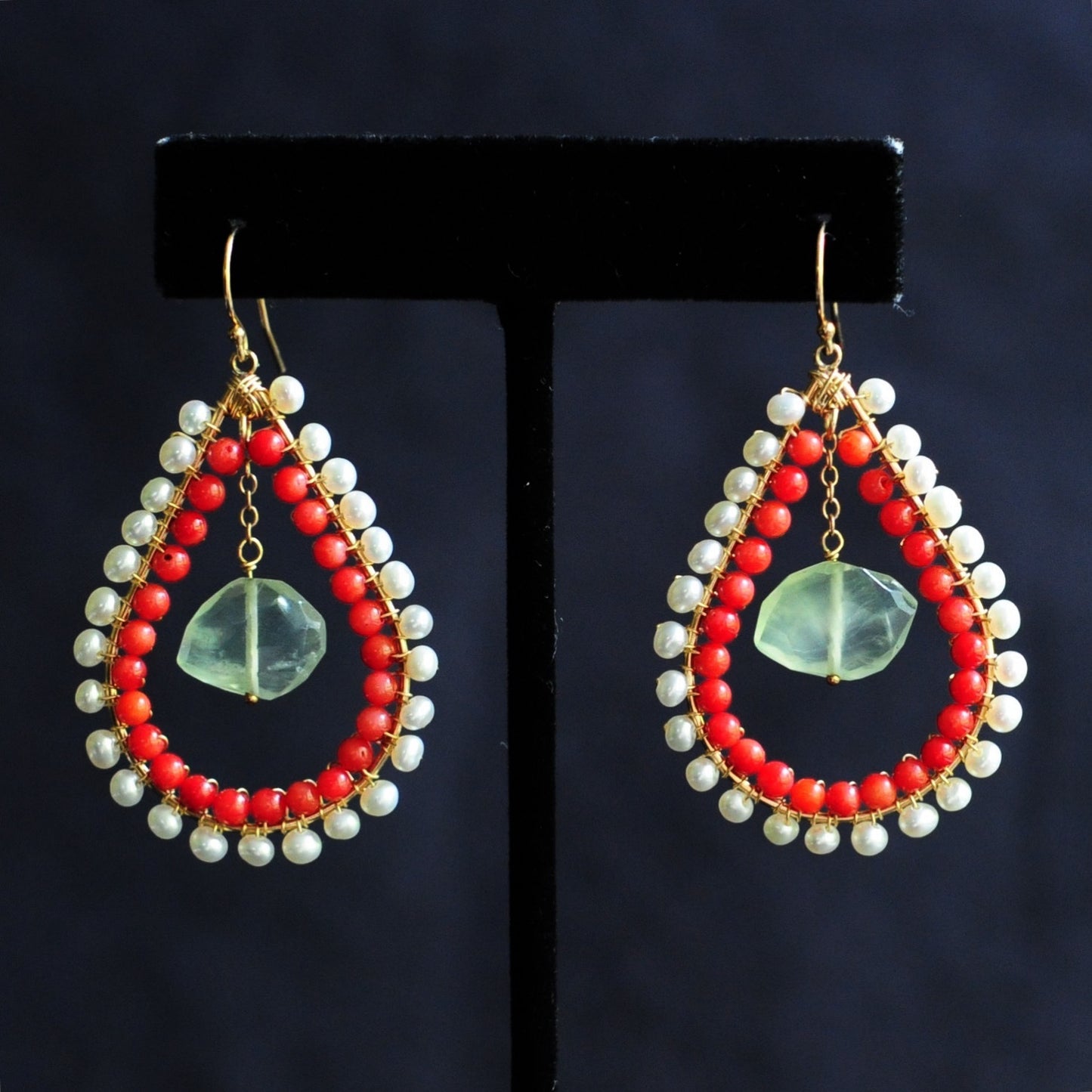 Large Tear Earrings in Pearl + Coral + Prehnite