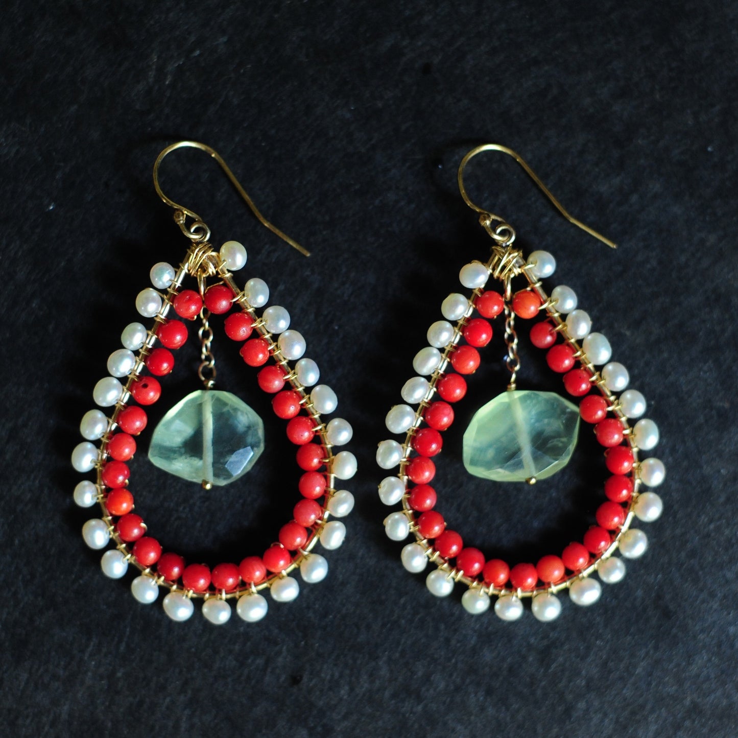 Large Tear Earrings in Pearl + Coral + Prehnite