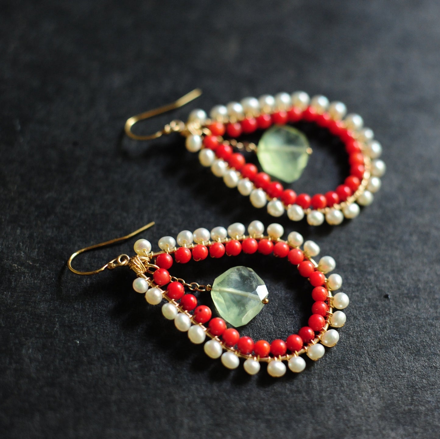 Large Tear Earrings in Pearl + Coral + Prehnite