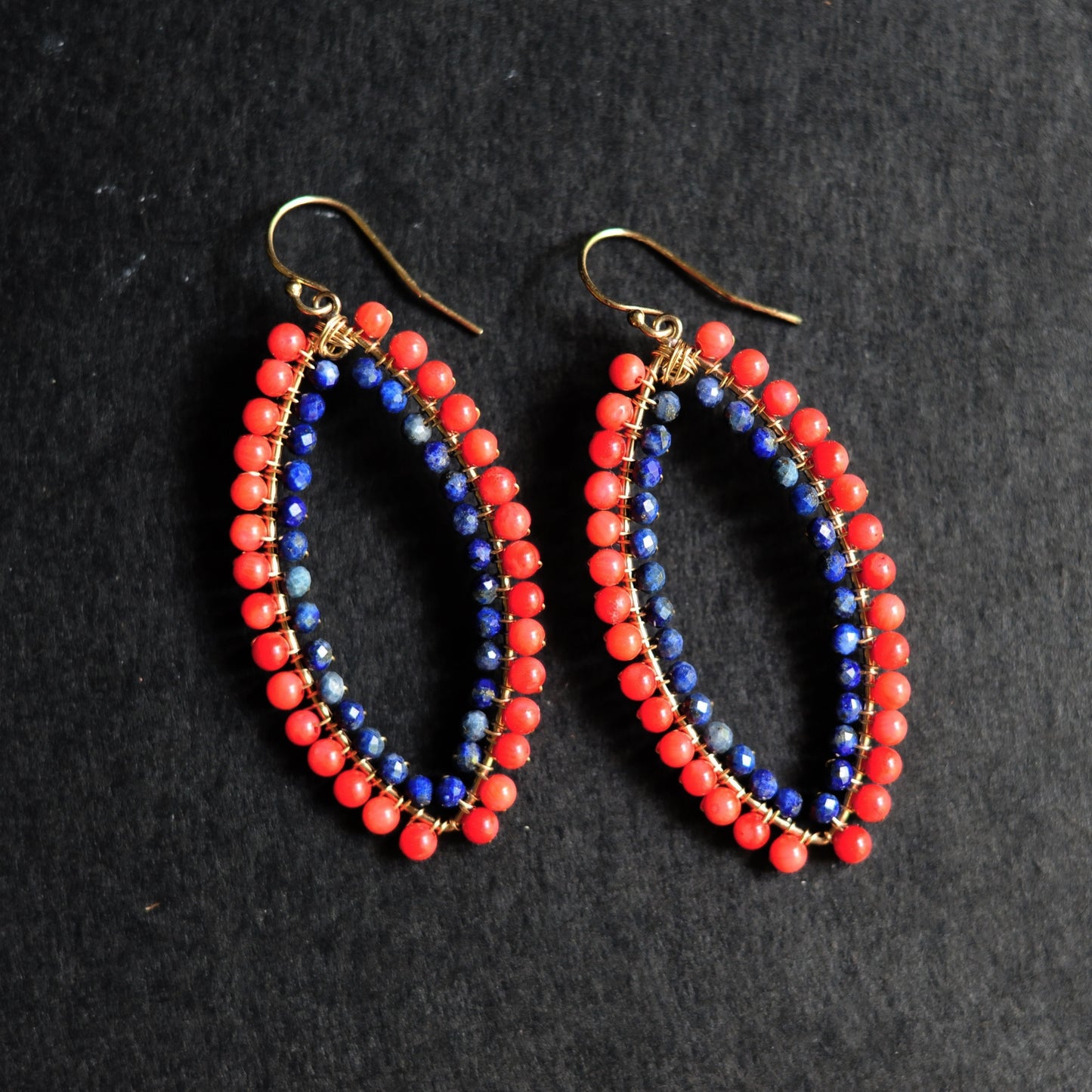 Large Marquise Earrings in Coral + Lapis