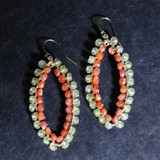 Large Marquise Earrings in Prehnite + Sunstone