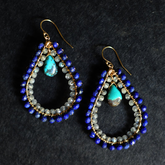 Large Tear Earrings in Lapis + Labradorite + Tuquoise