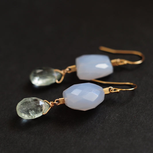 Drop Earrings in Chalcedony + Aquamarine