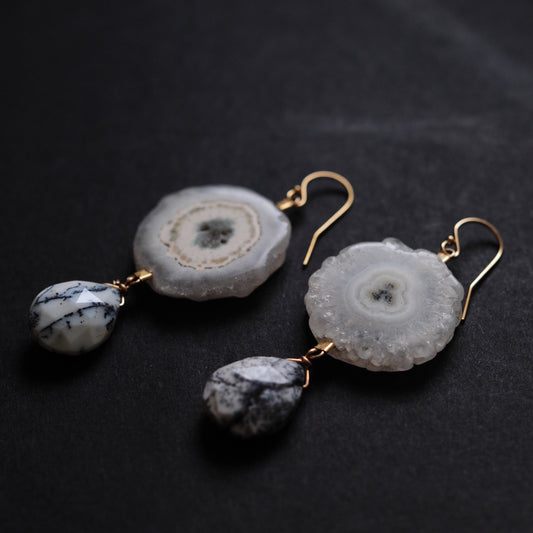Drop Earrings in Solar Quartz + Dendritic Opal